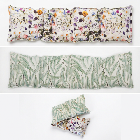 White Floral and Gum Leaves heat pack, both sides and folded view