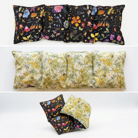 Black Floral and Wattle heat pack, both sides and folded view